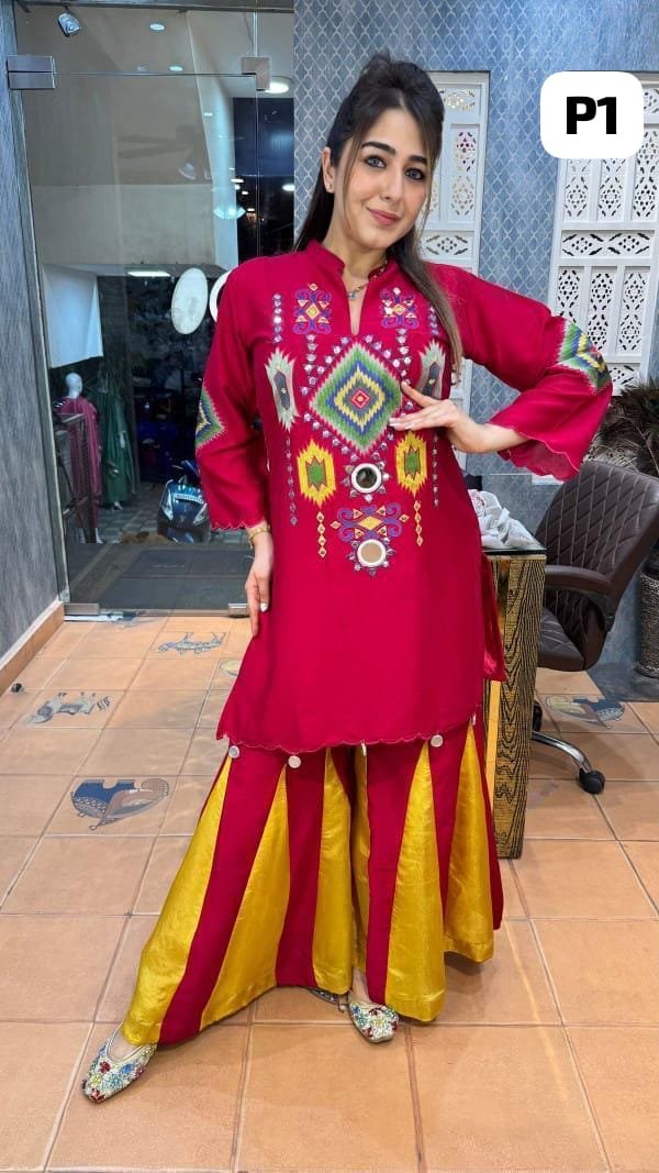 Red Cotton Embroidered Kurti Sharara Cord Set